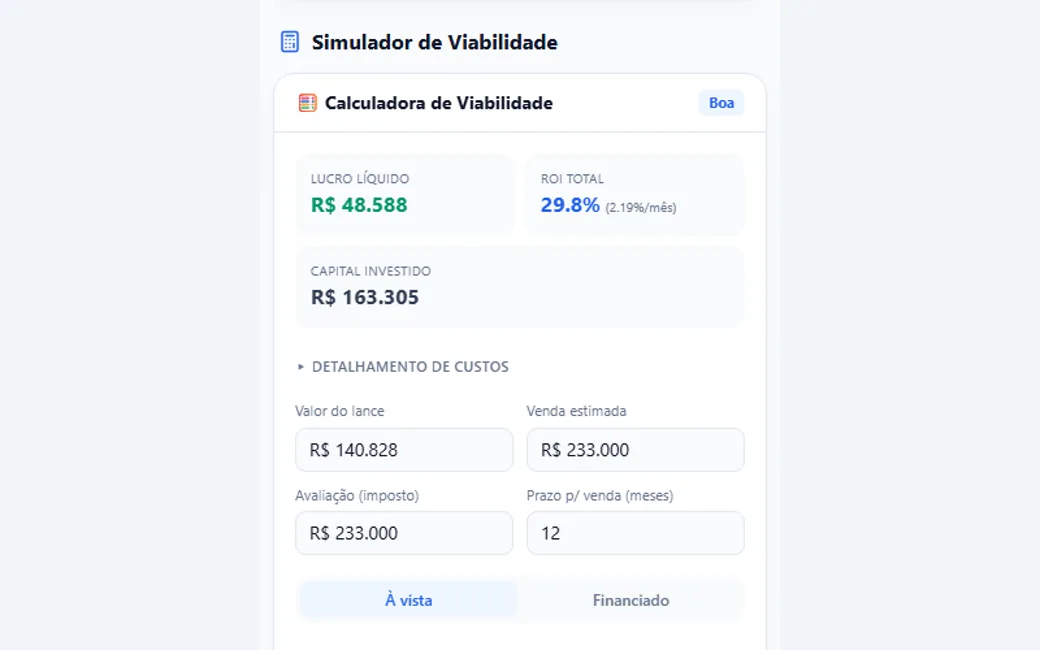 Calculadora de viabilidade financeira do ecossistema Leilão com Dados